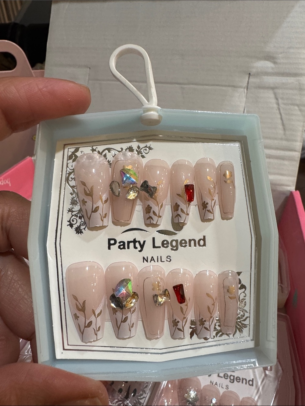 Party Legend Nude Pink Press-On Nails with Gold Leaf & Gem Accents